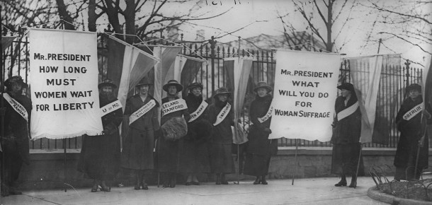 Women suffragists (the "Silent Sentinels") picketing outside the White House