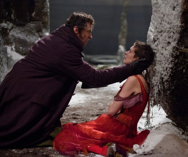 Jean Valjean (Hugh Jackman) and Fantine (Anne Hathaway) in Les Mis
